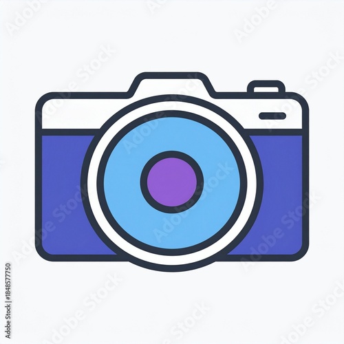 Illustration of a simple blue and purple camera icon on a white background, representing photography and visual creation