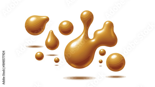Glistening golden liquid blobs and spheres float with soft shadows, creating an abstract, fluid visual representation on a crisp white background