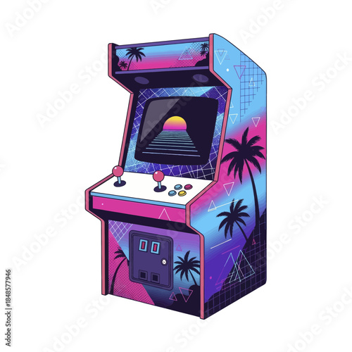 Colorful arcade cabinet with retro sunset theme.