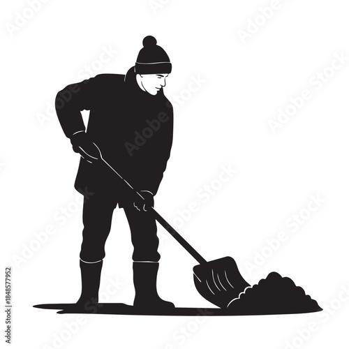 Silhouette of Man Shoveling Snow in Winter Clothing Vector Illustration Seasonal Chore Winter Cleanup Snow Removal Cold Weather Activity