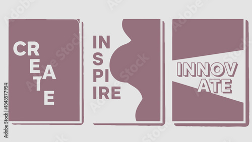 Vibrant inspirational motivational quote poster with create inspire innovate words on purple background