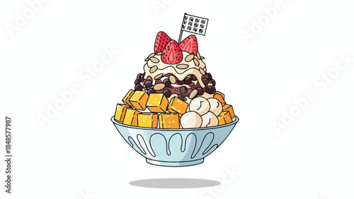 A vibrant cartoon illustration showcasing a delightful shaved ice dessert piled high with luscious strawberries bright mango cubes rich red beans