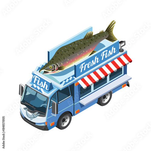 Fresh Fish Food Truck Isometric Illustration.