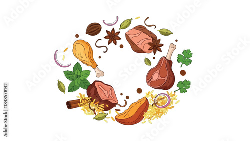 An artistic array of aromatic meat, spices, rice, and herbs symbolizing rich culinary traditions
