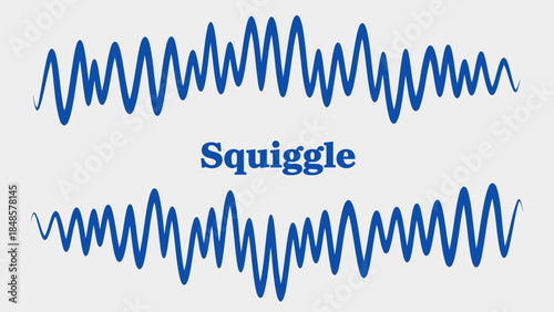 Blue squiggle lines with word squiggle on white background, graphic design element for creative projects and digital art
