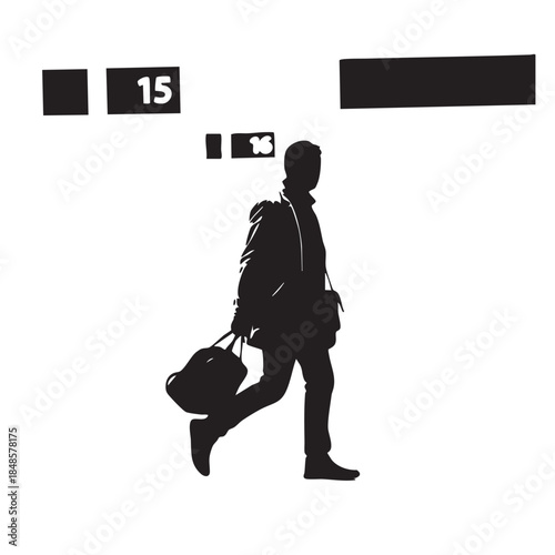 Traveler walking through airport terminal carrying duffel bag. Silhouette of person on journey, perhaps catching flight or arriving at destination. Numbers 15 and 16 displayed in background.