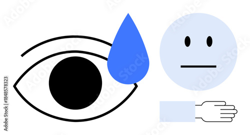 Emotions, mental health, communication, empathy, sadness, personal care. A minimal design shows an eye with a tear, a neutral face and a hand. Emotions and mental health visualization