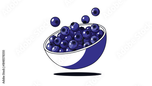 Vibrant and delectable blueberries depicted in an artistic illustration, cascading from a pristine bowl, emphasizing freshness and wholesome delights