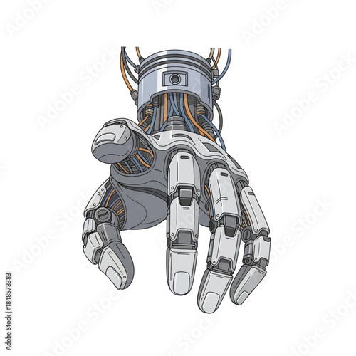 Futuristic robotic hand reaching forward gracefully.