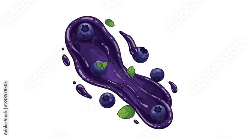 Vibrant purple fruit puree with blueberries and aromatic mint leaves in motion