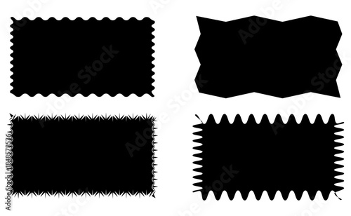 Rectangle shape with wavy edges. Rectangular template of text box, tag or sticker with scalloped borders isolated on white background. Vector graphic illustration. 