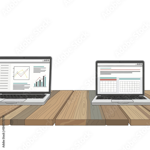 Two Laptops on Wooden Table Displaying Screens.