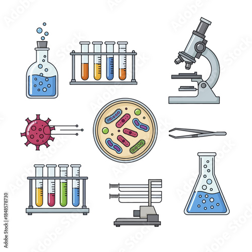 Collection of laboratory science equipment and instruments.