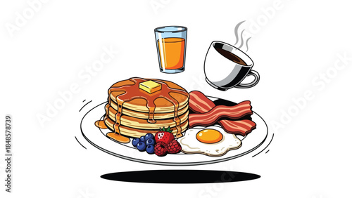 A delightful cartoon breakfast illustration showcasing fluffy golden pancakes, savory crispy bacon, a sunny fried egg, fresh berries, invigorating