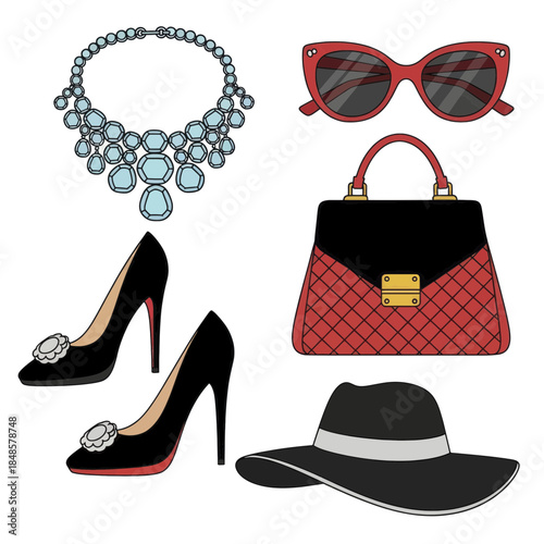 Elegant fashion accessories set with necklace sunglasses handbag heels and hat.