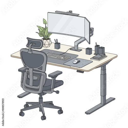 Ergonomic office workstation with computer monitor and chair.