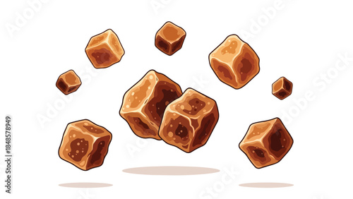 Scattered caramel cubes creating a delightful sweet treat composition a dynamic illustration of falling confectionery pieces ideal for dessert