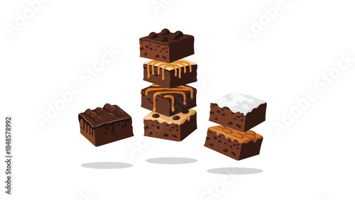 An exquisite collection of artisanal chocolate brownies, meticulously arranged and showcasing a delightful variety of gourmet toppings and sweet