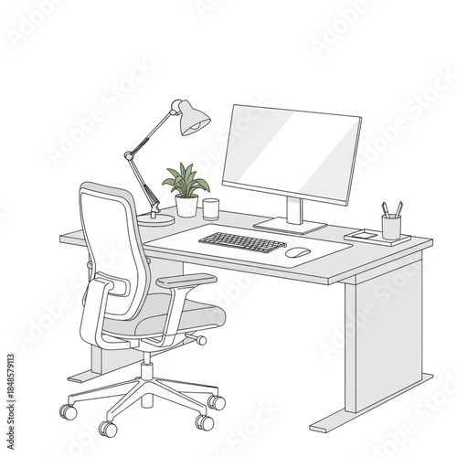 Modern office desk with computer setup and chair.