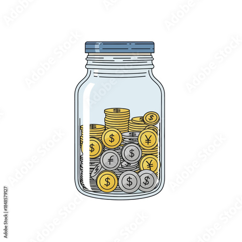 Jar of coins filled with currency coins.
