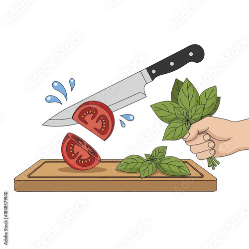 Fresh Tomato Being Sliced On Cutting Board.