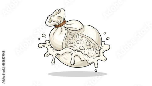 Illustrative burrata cheese, its creamy interior delightfully revealed, immersed in a dynamic splash of fresh milk. Perfect for food, dairy, and
