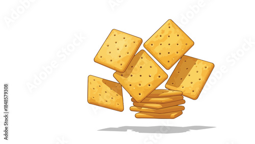 Golden square crackers captured in a dynamic arrangement featuring a whimsical scattering and a firm stack a visual delight for snack lovers an