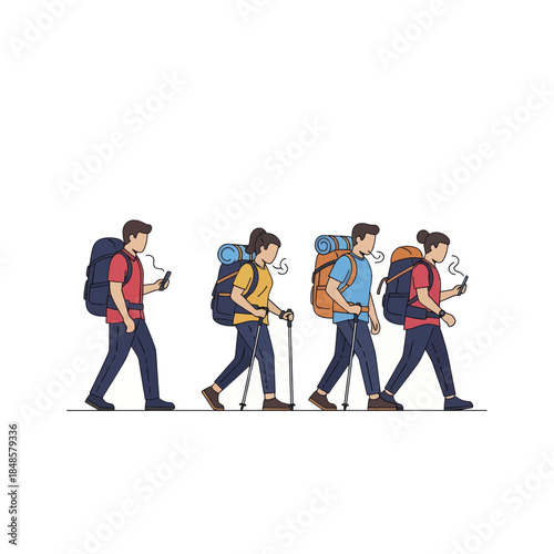 Group of backpack hikers walking in a line.
