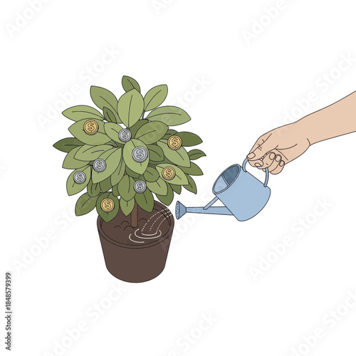 Potted plant being watered by hand with a watering can.