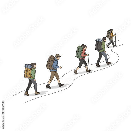 Group of hikers with backpacks on trail.