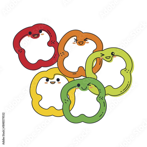 Playful colorful cartoon rings with smiling faces.