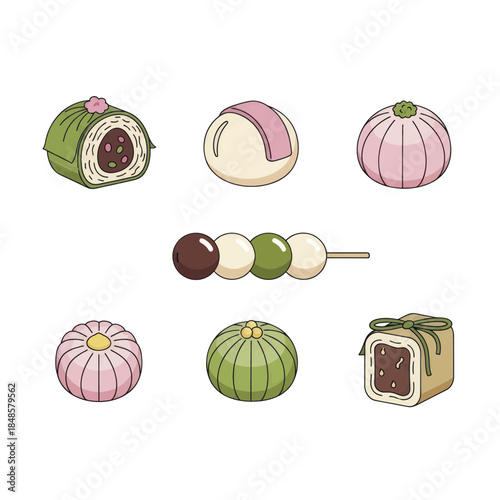 Assorted wagashi and mochi desserts collection.