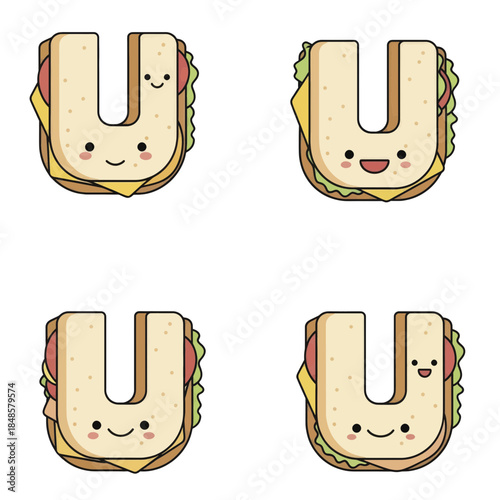 Cute Cartoon Sandwich Character Portrait Set.