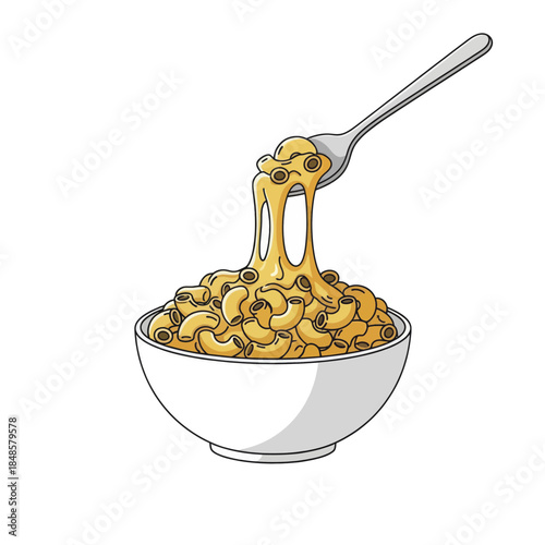 Cheesy pasta in a white bowl with spoon.