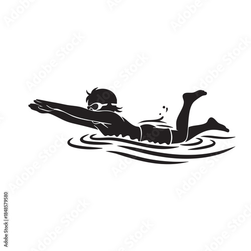 Black and white silhouette of a swimmer in a crawl stroke position with goggles on, swimming through water creating ripples and splashes, representing athleticism and aquatic sport