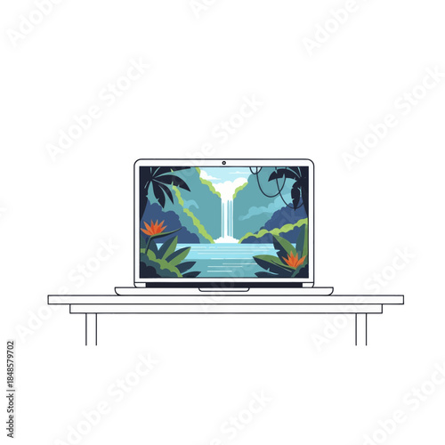 Laptop on desk displaying tropical waterfall scene.