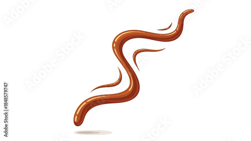 Dynamic illustration of rich, glossy caramel or chocolate sauce gracefully pouring and swirling to create an appealing visual texture for culinary