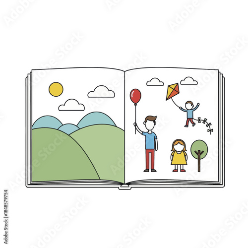 Open illustrated childrens book scene with family characters.