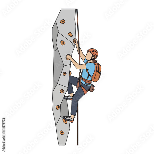 Climber on artificial rock climbing wall with harness.