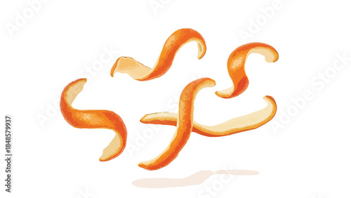 Swirling orange peel zest elements isolated on a clean white backdrop, capturing the fresh aromatic essence of citrus fruit, perfect for design and