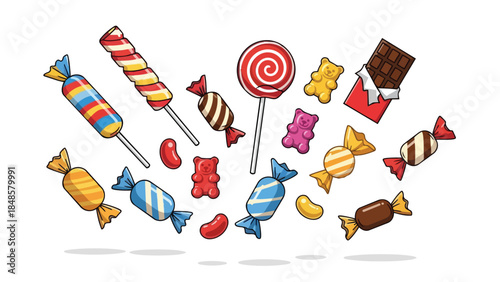 Assortment of colorful confectionery treats and diverse sweet delights for cheerful visual projects