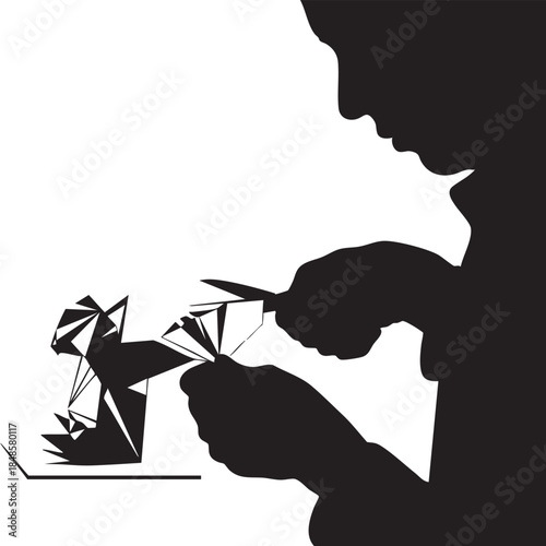Silhouette man cutting origami shapes with scissors abstract creative art hobby craft activity vector illustration black white