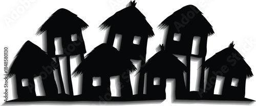 Abstract rural village houses silhouette illustration, traditional countryside architecture concept, simple folk art style, black and white vector design