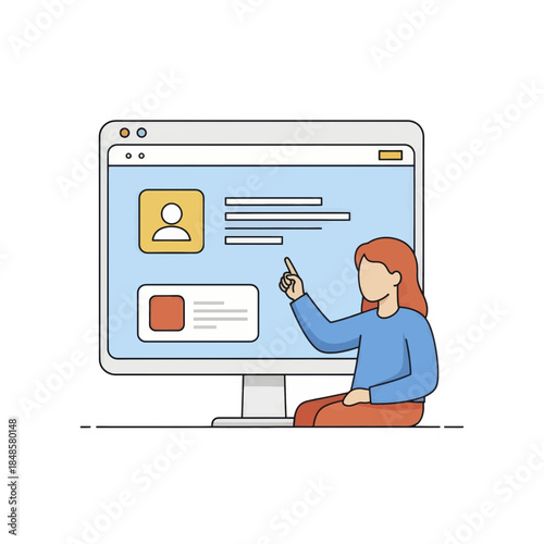 Woman presenting on computer screen illustration.