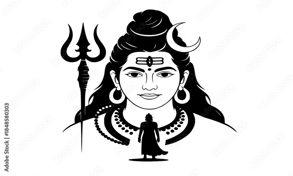 Fototapeta premium Lord Shiva Silhouette with Trident and Devotee in Prayer, Black and White Hindu God Mahadev Illustration Featuring Trishul Crescent Moon and Worshipper, Spiritual Meditation Vector Clipart Isolated on