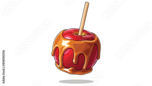 A vibrant illustration of a classic sweet treat, featuring a crisp red apple generously coated in rich, flowing caramel with a sturdy wooden stick,