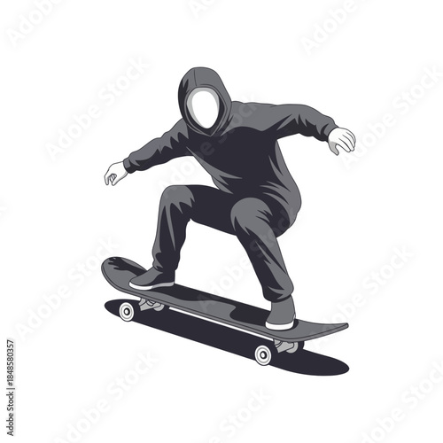 Dynamic skateboarder performing airborne trick in hoodie.