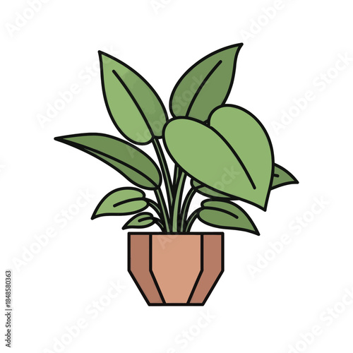 Illustrated Potted Plant with Green Leaves.