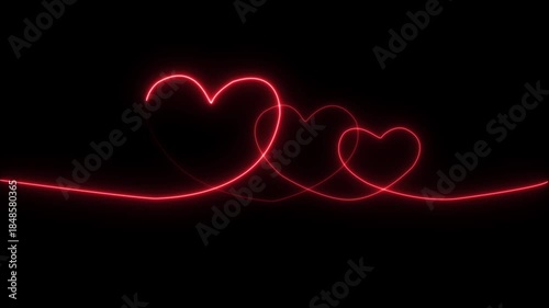 Abstract glowing neon Three minimal heart icons in a row, each gently pulsing and glowing in a smooth, looping animation