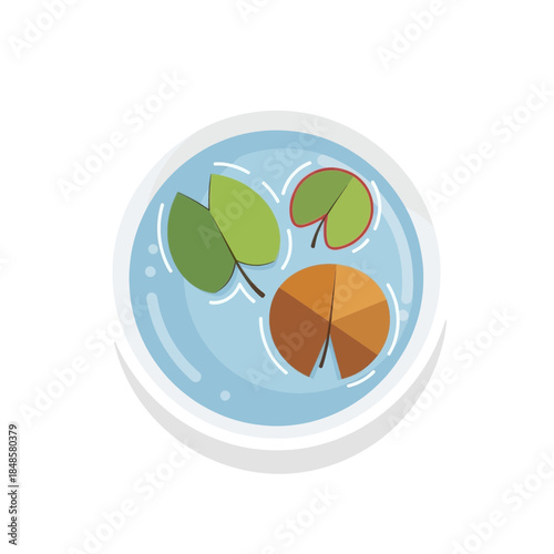 Round Illustration of Water Lily Pads Floating on Water.